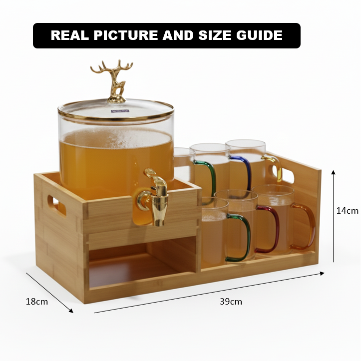 Echou GoldenDeer Glass Dispenser Set with Wooden Stand & 6 Glasses