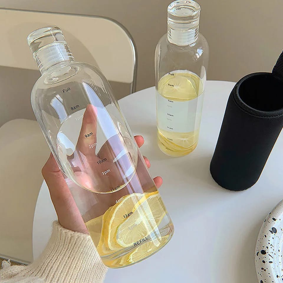 Clear Glass water bottle with Time Scale