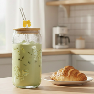 LumiButterfly Glass Tumbler with Straw