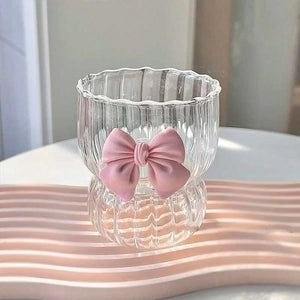 1pc Pink Glass Cup With 3D Bow Lid, Heat-Resistant Borosilicate Glass Cup