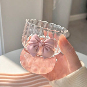 1pc Pink Glass Cup With 3D Bow Lid, Heat-Resistant Borosilicate Glass Cup
