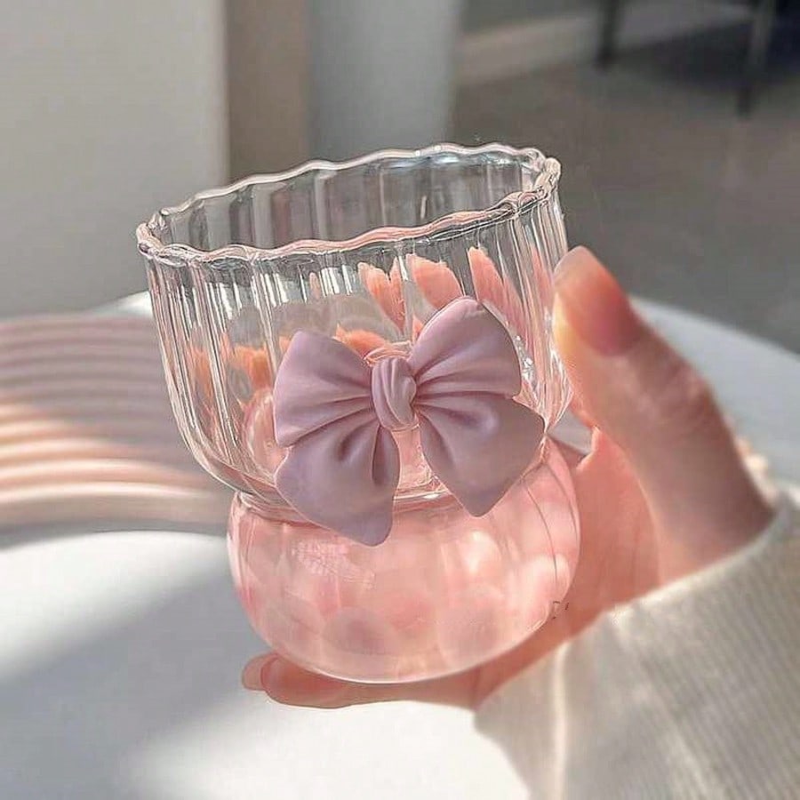 1pc Pink Glass Cup With 3D Bow Lid, Heat-Resistant Borosilicate Glass Cup