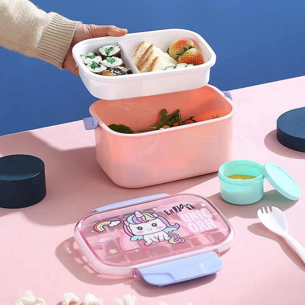 Snap & Munch Double Decker Lunch Box with Handle, Sauce Bowl, and Spoon