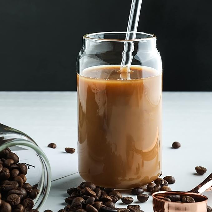 Can shaped glass cup with wooden lid & straw