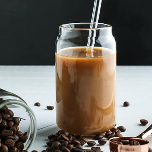 Can shaped glass cup with wooden lid & straw