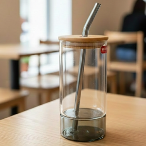 Round Glass Tumbler & Straw with Wooden Airtight Lid