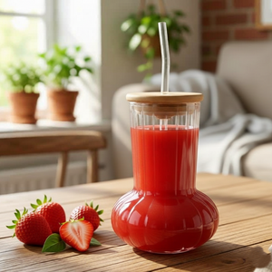 Modish Glass Tumbler with Wooden Lid & Glass Straw