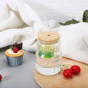GLASS CUP WITH WOODEN LID & STRAW