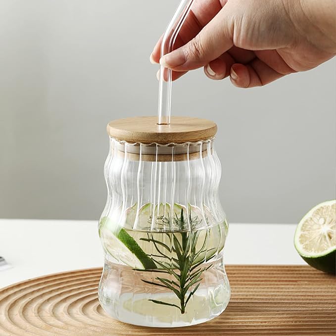 GLASS CUP WITH WOODEN LID & STRAW