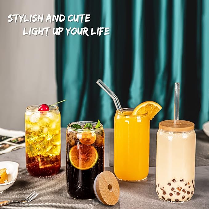 Can shaped glass cup with wooden lid & straw