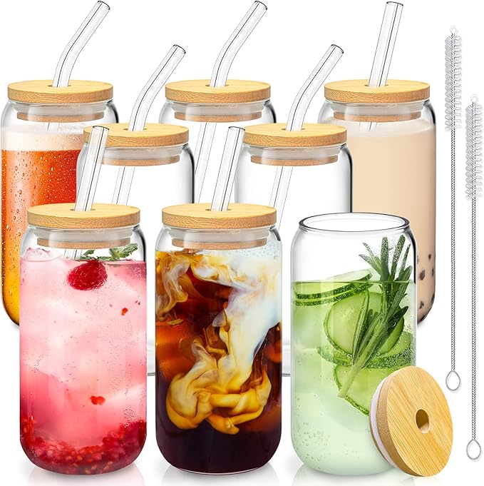 Can shaped glass cup with wooden lid & straw