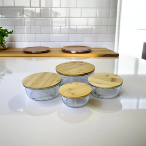 4Pcs Airtight Bamboo-Lid Glass Bowls Set – Round