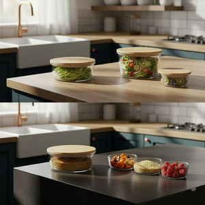 4Pcs Airtight Bamboo-Lid Glass Bowls Set – Round