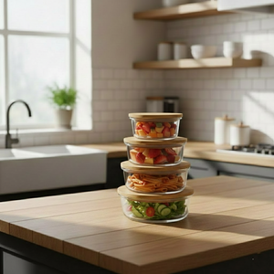 4Pcs Airtight Bamboo-Lid Glass Bowls Set – Round