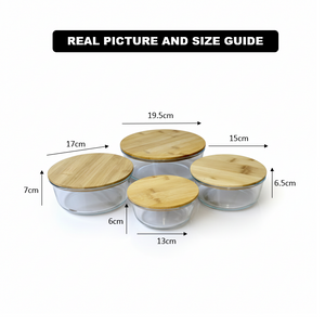 4Pcs Airtight Bamboo-Lid Glass Bowls Set – Round
