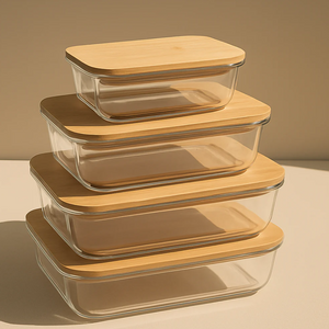 4Pcs Airtight Bamboo-Lid Glass Bowls Set – Rectangle