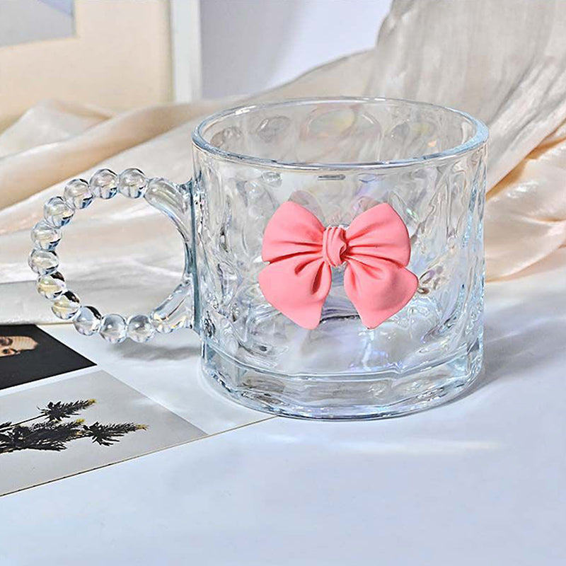 Luxury Pink Bow Glass Mug with Beaded Handle