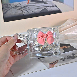 Luxury Pink Bow Glass Mug with Beaded Handle