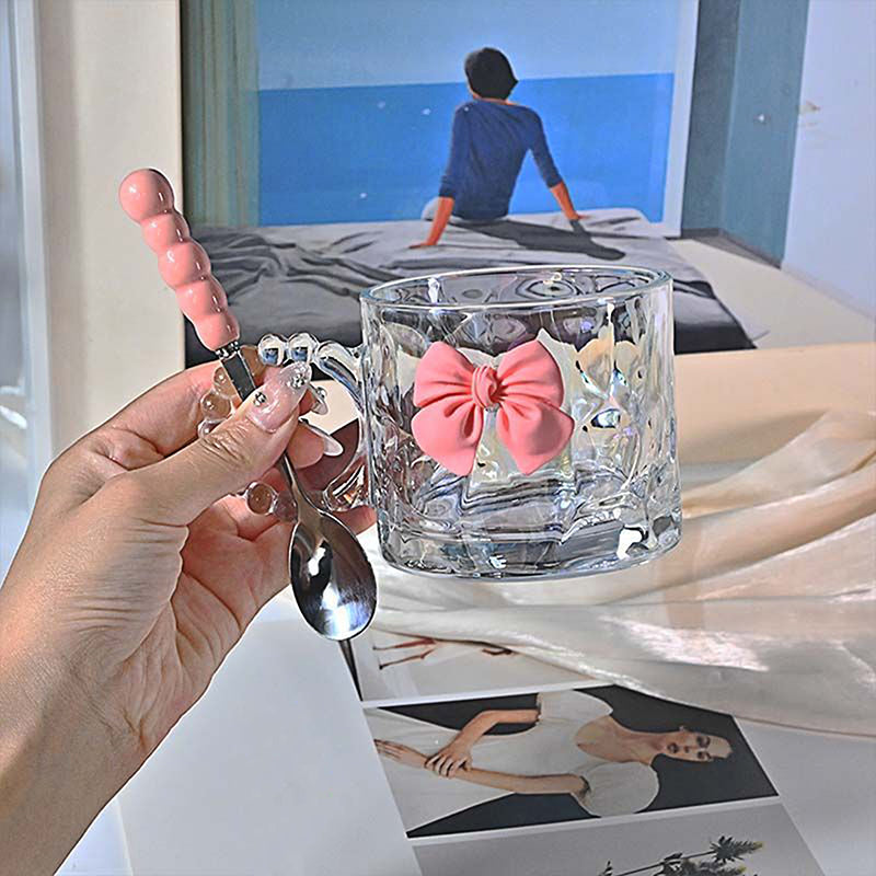 Luxury Pink Bow Glass Mug with Beaded Handle