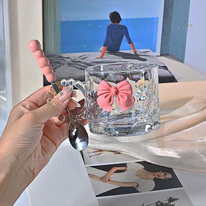 Luxury Pink Bow Glass Mug with Beaded Handle