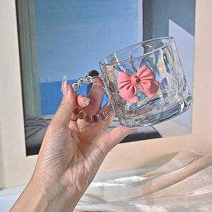 Luxury Pink Bow Glass Mug with Beaded Handle
