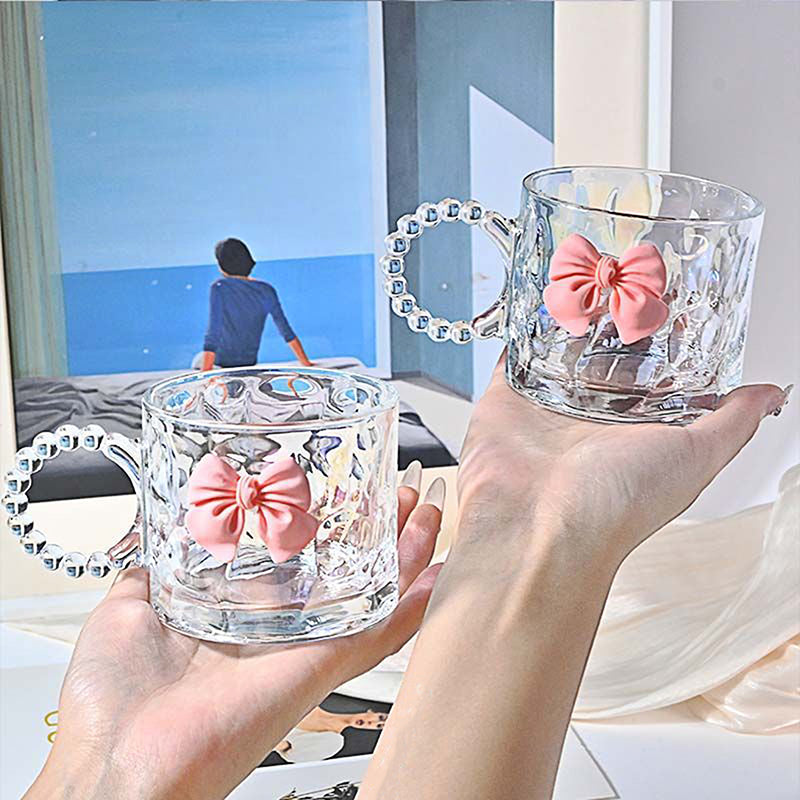 Luxury Pink Bow Glass Mug with Beaded Handle