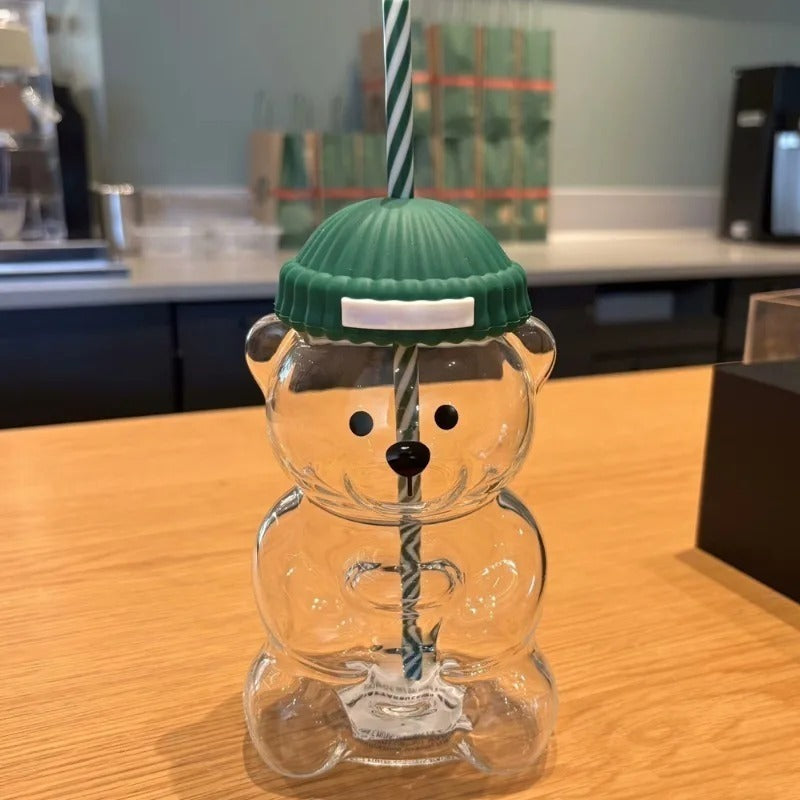 Cute Bear Cartoon Glass Straw Cup