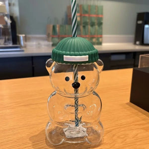 Cute Bear Cartoon Glass Straw Cup