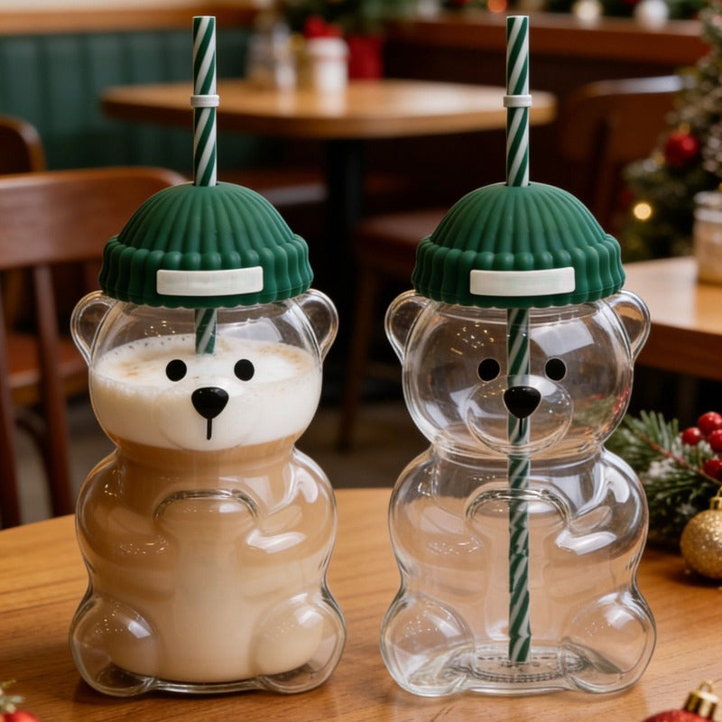 Cute Bear Cartoon Glass Straw Cup