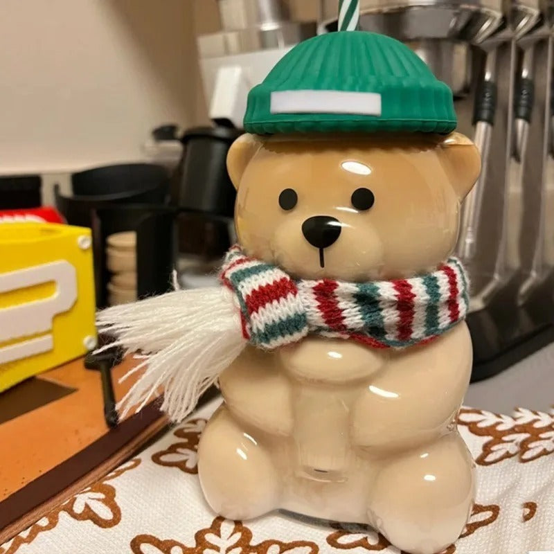 Cute Bear Cartoon Glass Straw Cup