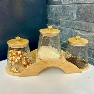 Decorative Bridge-Design Jar Trio with Natural Wooden Stand (1101)