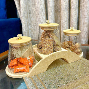 Decorative Bridge-Design Jar Trio with Natural Wooden Stand (1101)