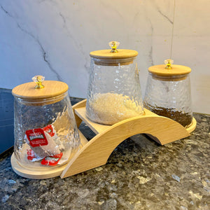 Decorative Bridge-Design Jar Trio with Natural Wooden Stand (1101)