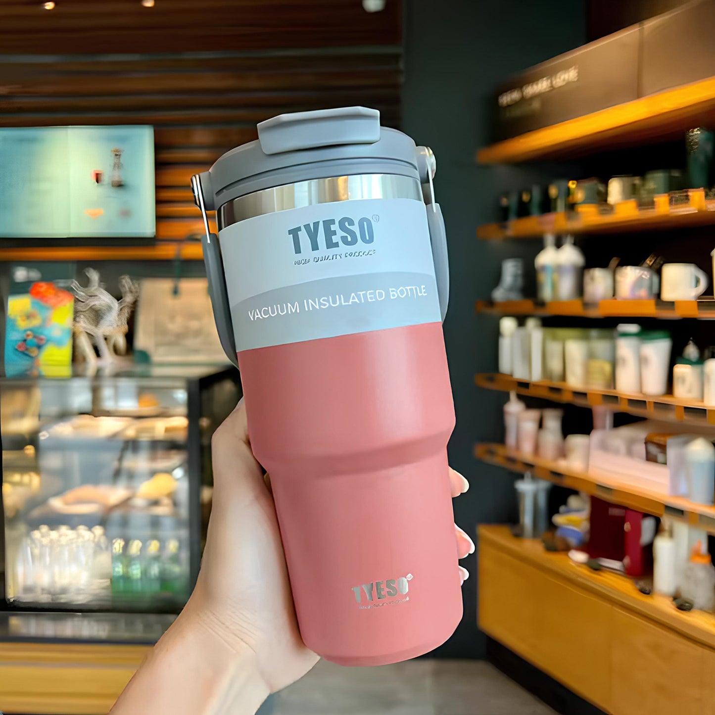 TYESO® SteelCore Stainless Steel Dual-Lid Tumbler with Top-Handle (900ml) (TS-8828)