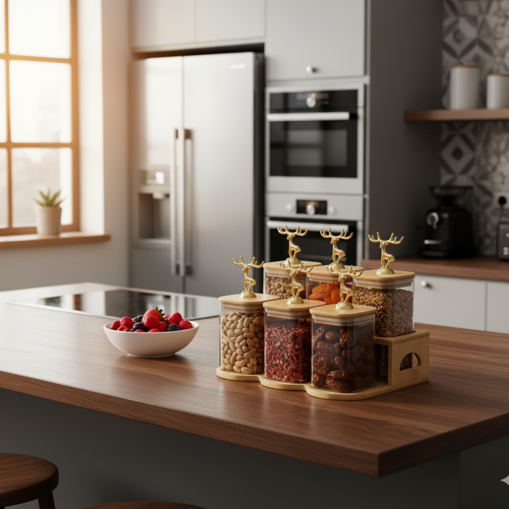 Fabulous 6-Piece Glass Jar Station with Airtight Wooden Lids (1163)
