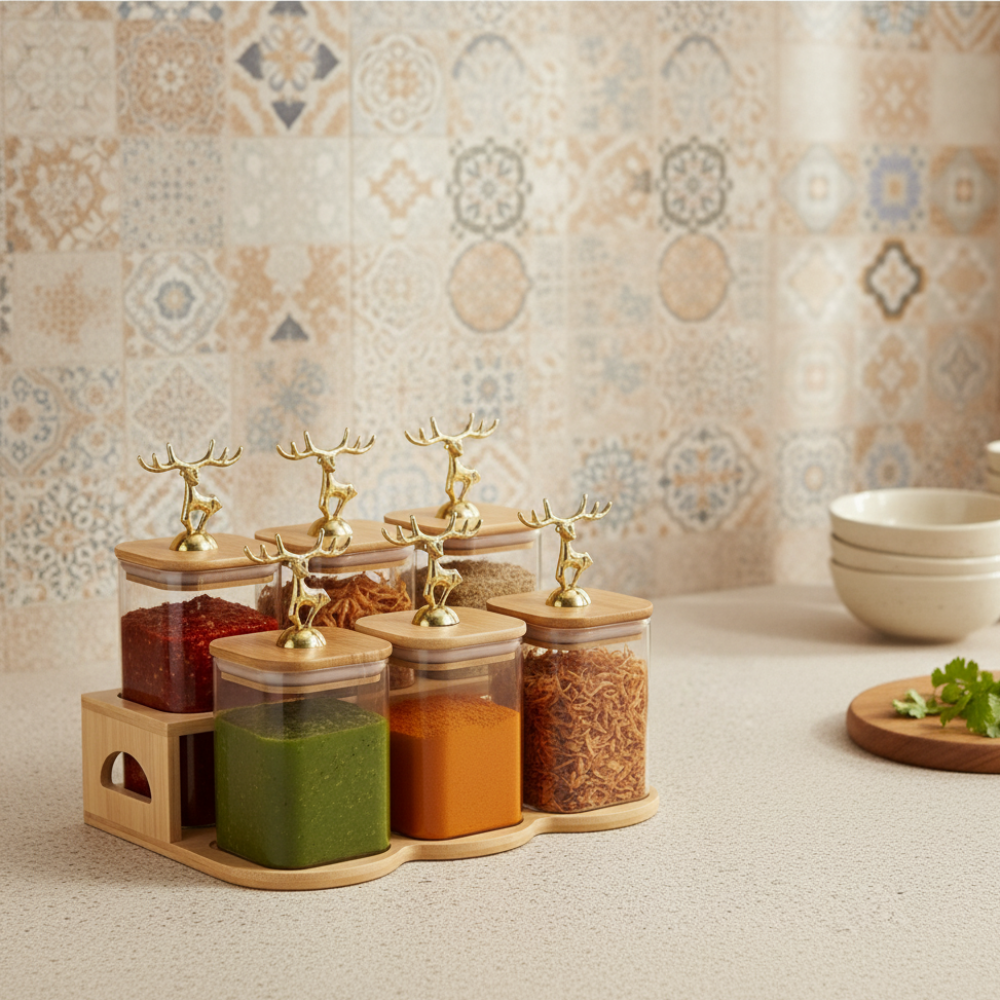 Fabulous 6-Piece Glass Jar Station with Airtight Wooden Lids (1163)