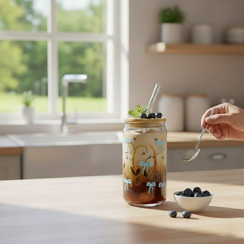 Printed Bow Glass Tumbler with Straw
