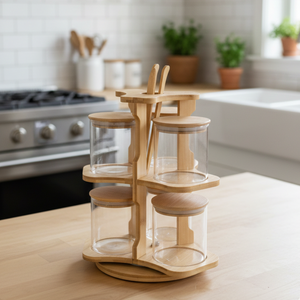 360° Bamboo & Glass Culinary Carousel with Round Jars (1134)