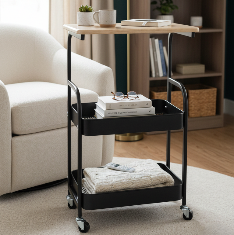 3-Tier Metal Rolling Cart with Wooden Top