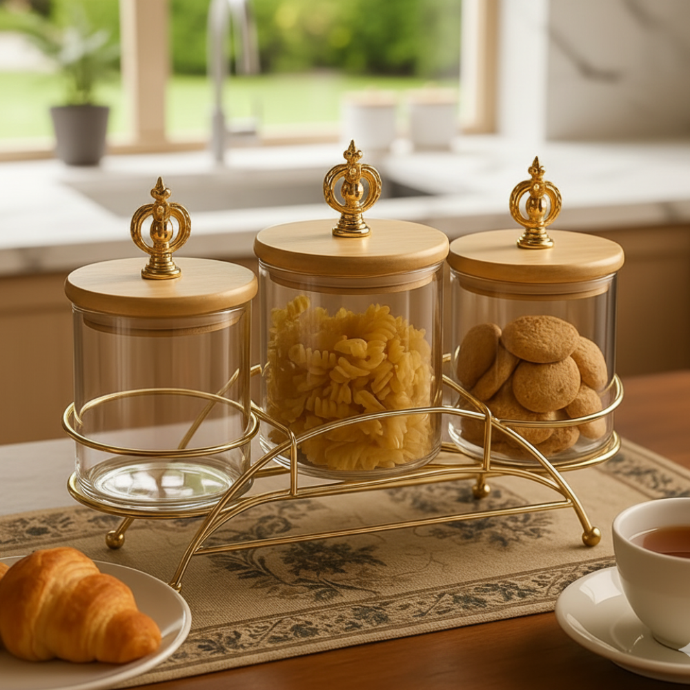 Majestic 3-Piece Glass Jar Set with Golden Metal Stand (1125)