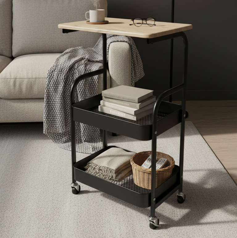 3-Tier Metal Rolling Cart with Wooden Top