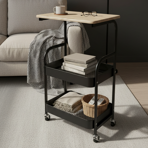 3-Tier Metal Rolling Cart with Wooden Top