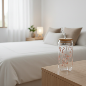 Printed Bow Glass Tumbler with Straw