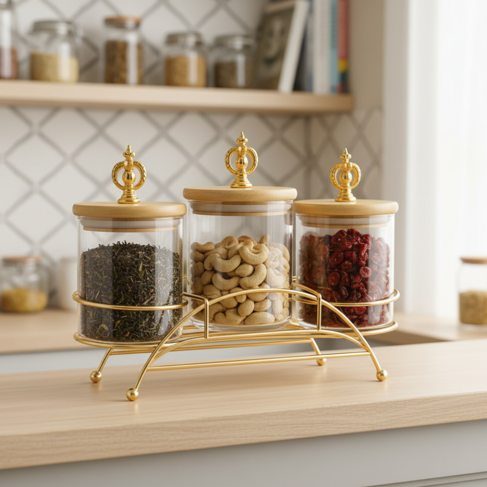 Majestic 3-Piece Glass Jar Set with Golden Metal Stand (1125)