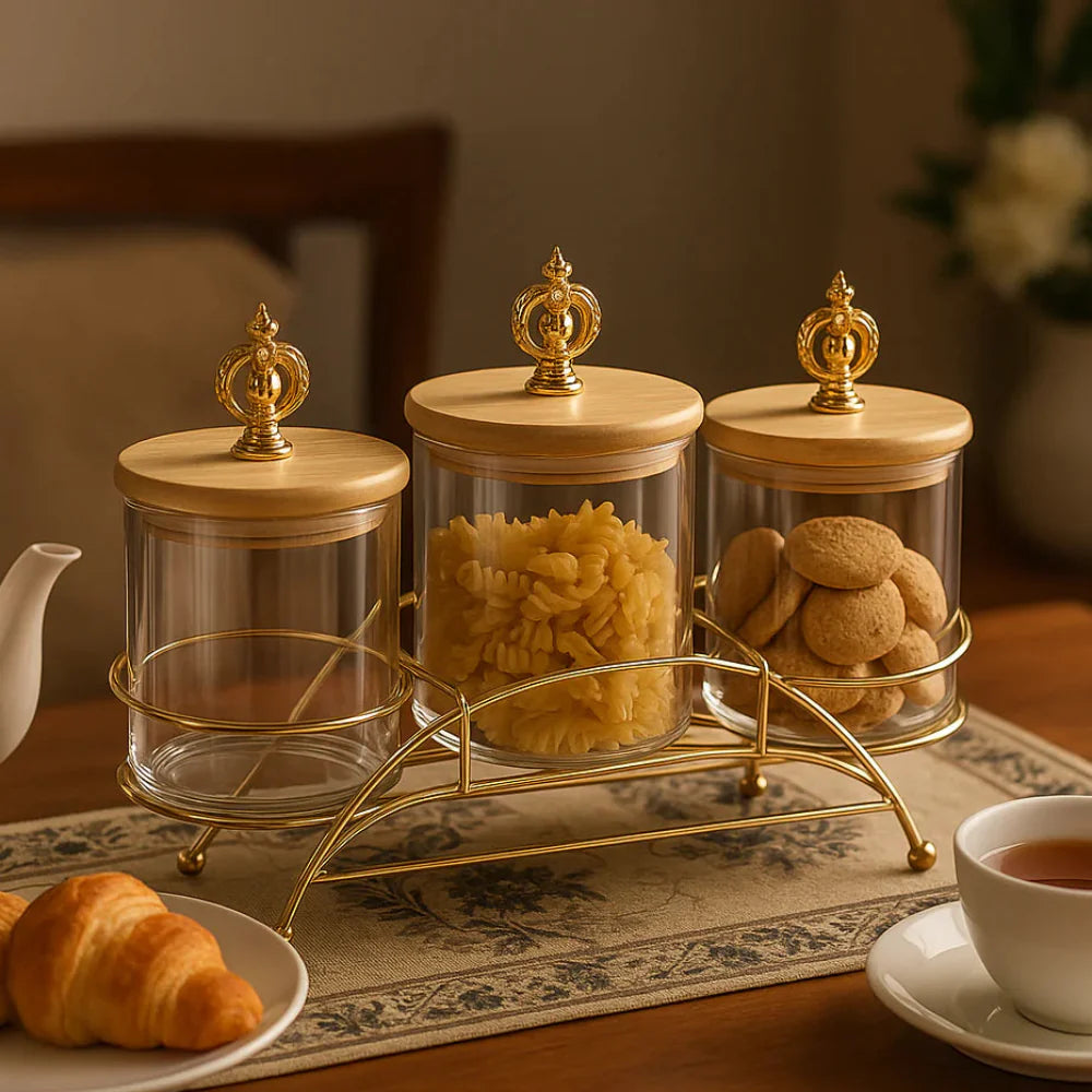 Majestic 3-Piece Glass Jar Set with Golden Metal Stand (1125)