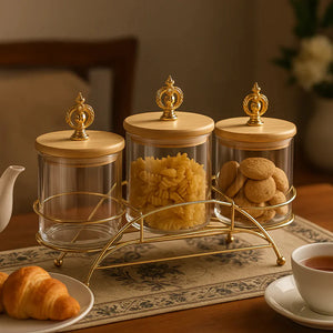 Majestic 3-Piece Glass Jar Set with Golden Metal Stand (1125)