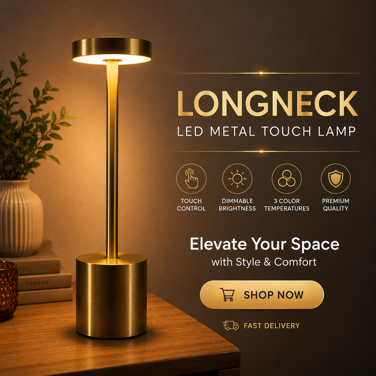 Long Neck Metal Touch Sense LED Lamp – Modern Minimalist Design, Rechargeable.