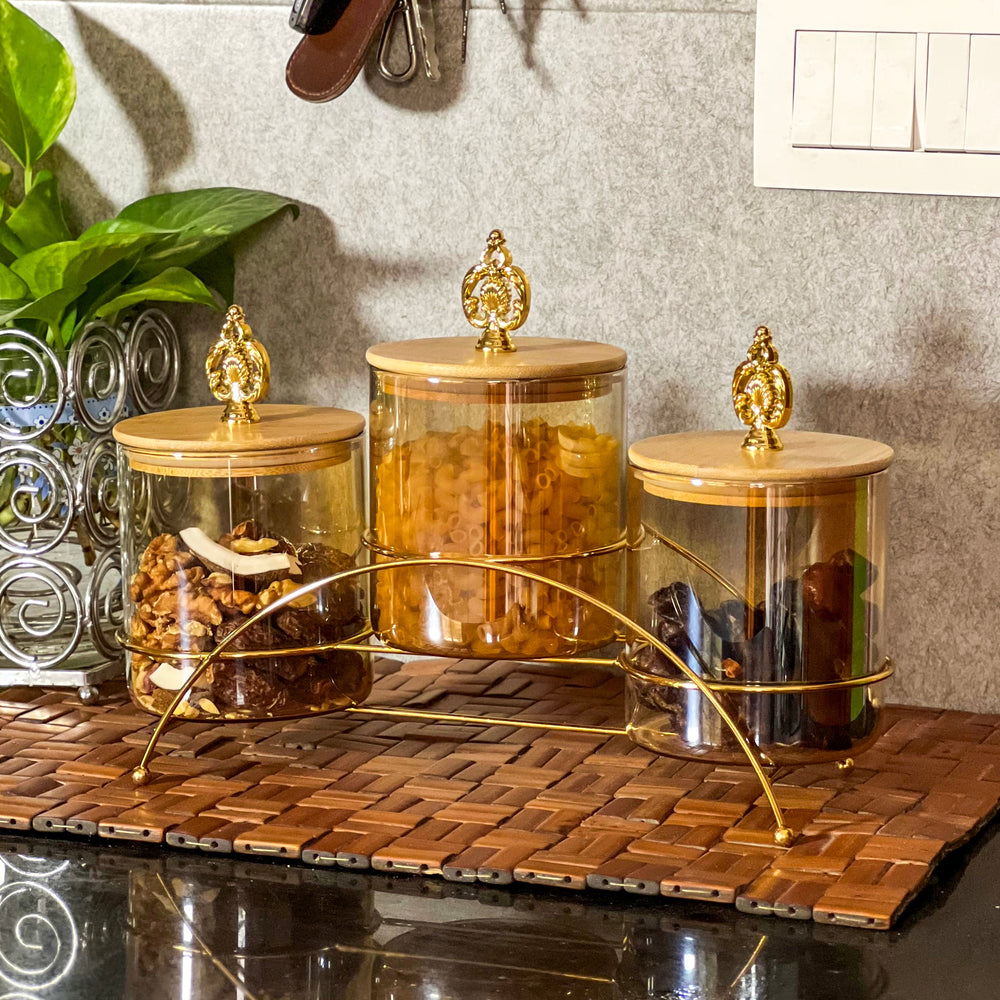 Majestic 3-Piece Glass Jar Set with Golden Metal Stand (1125)