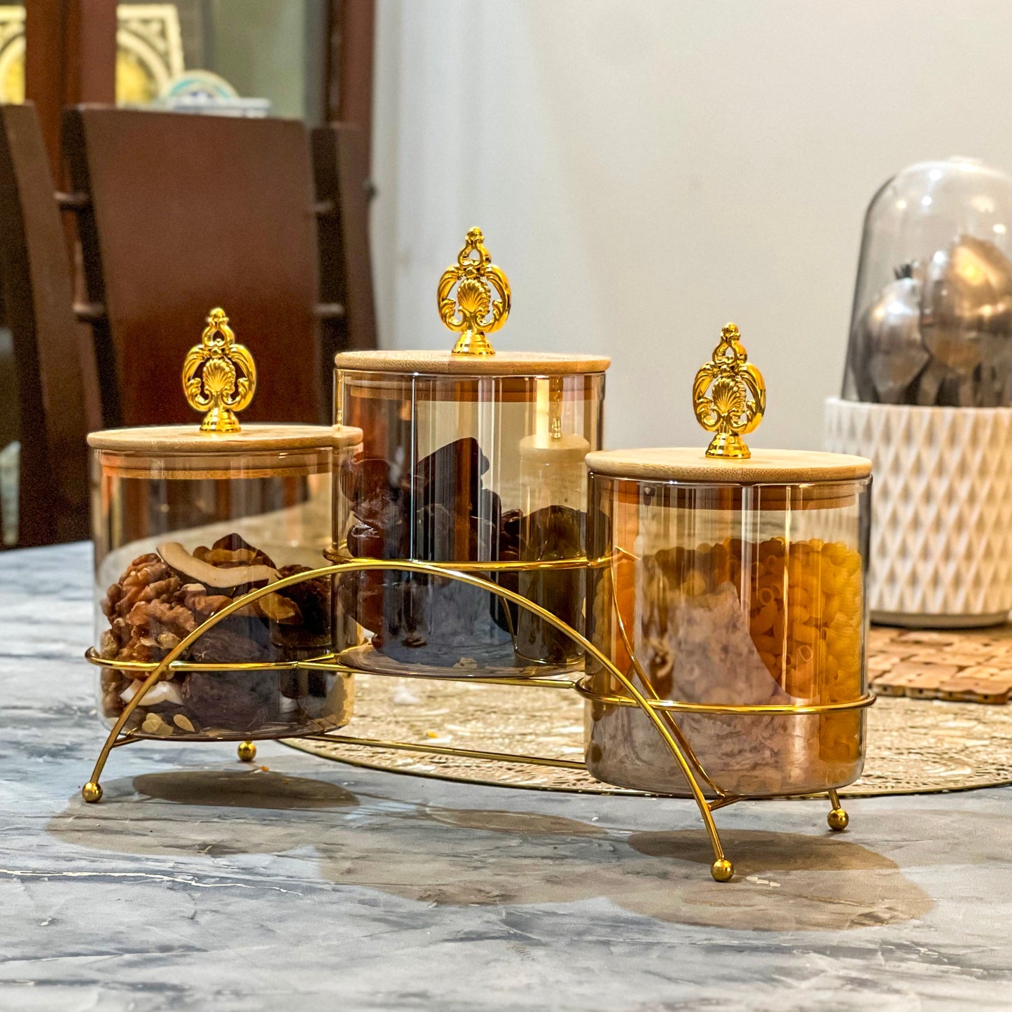 Majestic 3-Piece Glass Jar Set with Golden Metal Stand (1125)