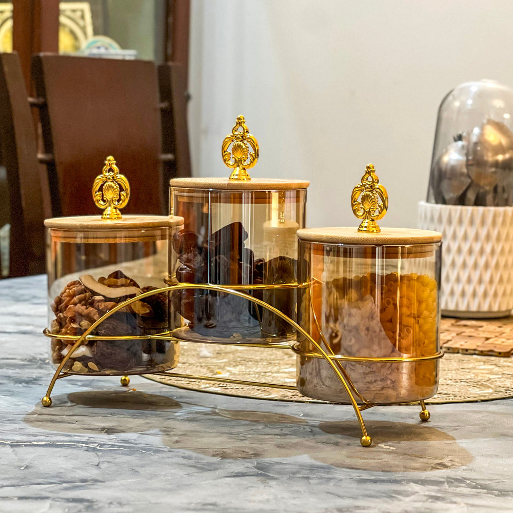 Majestic 3-Piece Glass Jar Set with Golden Metal Stand (1125)